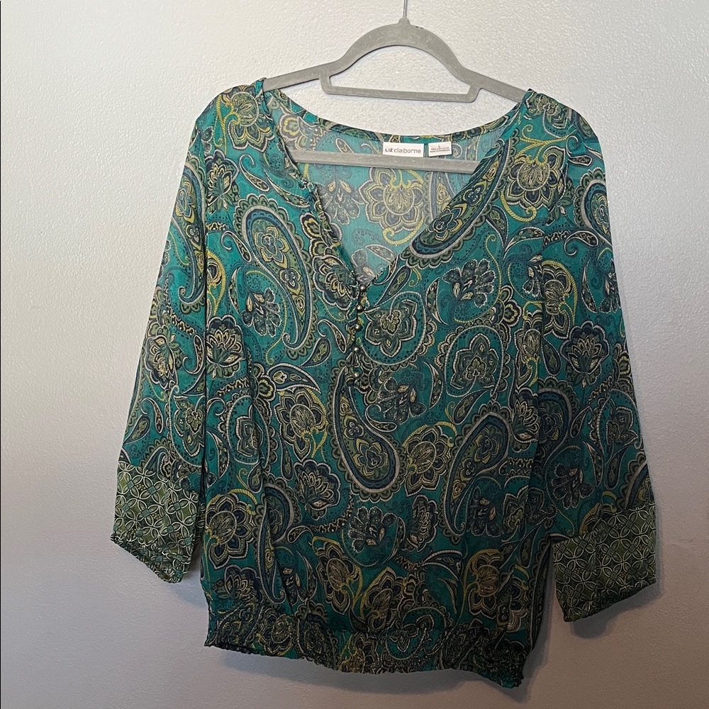 Liz Claiborne Teal and Green Paisley V-Neck Blouse